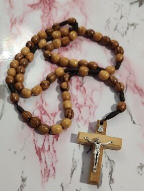 Wooden Olive Bead Rosary Necklace with Crucifix - Brown
